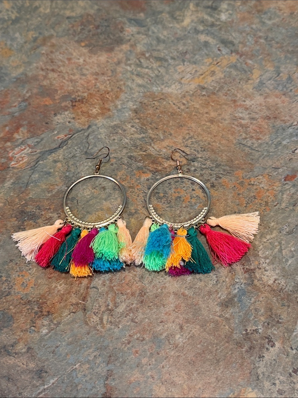 Boho Multi-Color Tassel Hoop Earrings EUC